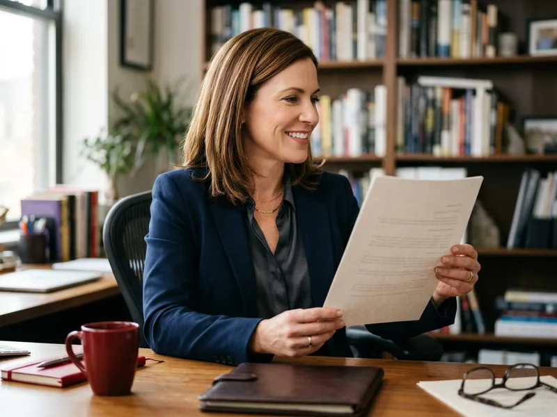 Experienced KORE1 technology recruiter reviewing a printed Angular candidate profile at a warm office desk, Angular staffing agency