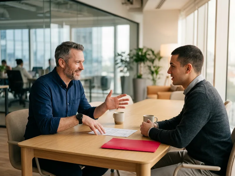 KORE1 technical recruiter and an Angular candidate talking through a printed resume across a meeting table, Angular staffing screen