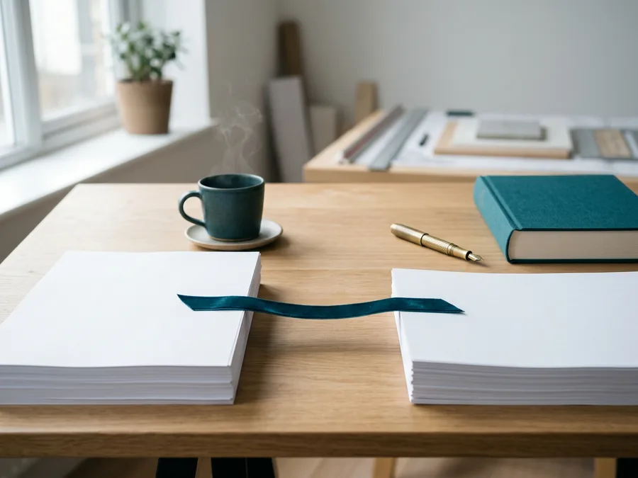 API and integration architect desk with two stacks of printed documents joined by a teal bookmark, KORE1 integration architect staffing