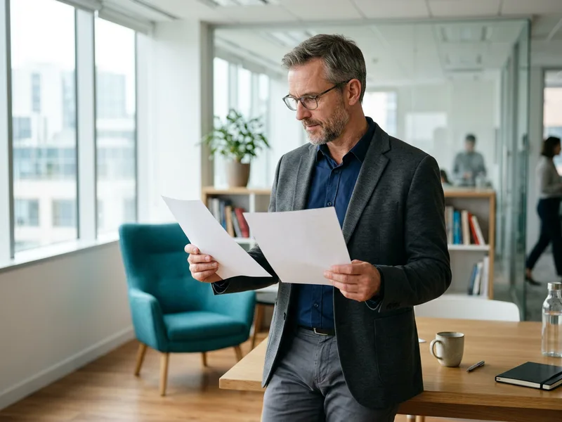 Senior integration architect comparing two printed API contract pages side by side at a bright office table, KORE1 API architect staffing