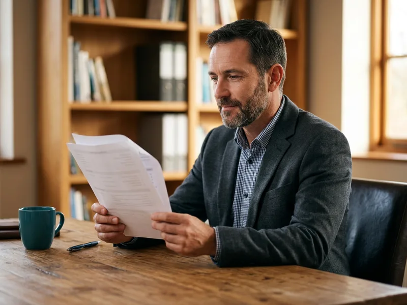 Experienced KORE1 technology recruiter reviewing a printed integration architect candidate profile at a warm office desk, API architect staffing agency