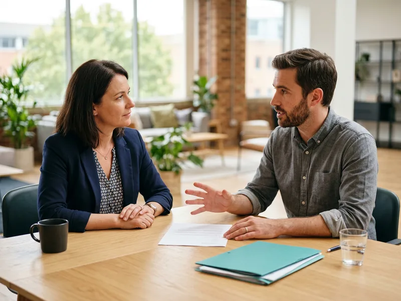 KORE1 technical recruiter and an integration architect candidate talking through a printed document across a meeting table, API architect staffing screen