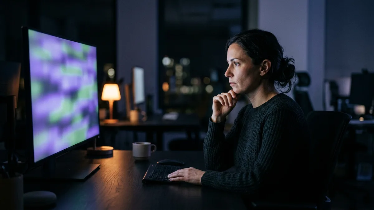 Application security engineer reviewing code late at night in a KORE1-staffed software team