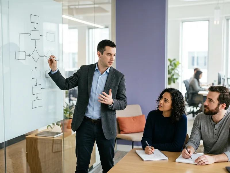 Application security engineer sketching a secure pipeline at a whiteboard for two developers