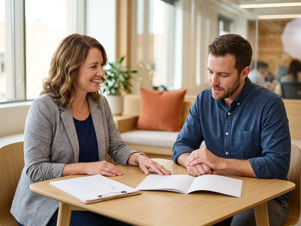 Benefits administrator helping a company employee understand health and retirement options during open enrollment