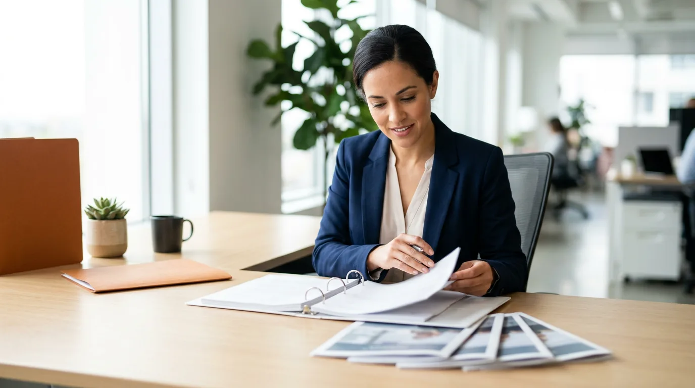 Benefits administrator in a navy blazer reviewing plan documents and a benefits binder at a bright office desk