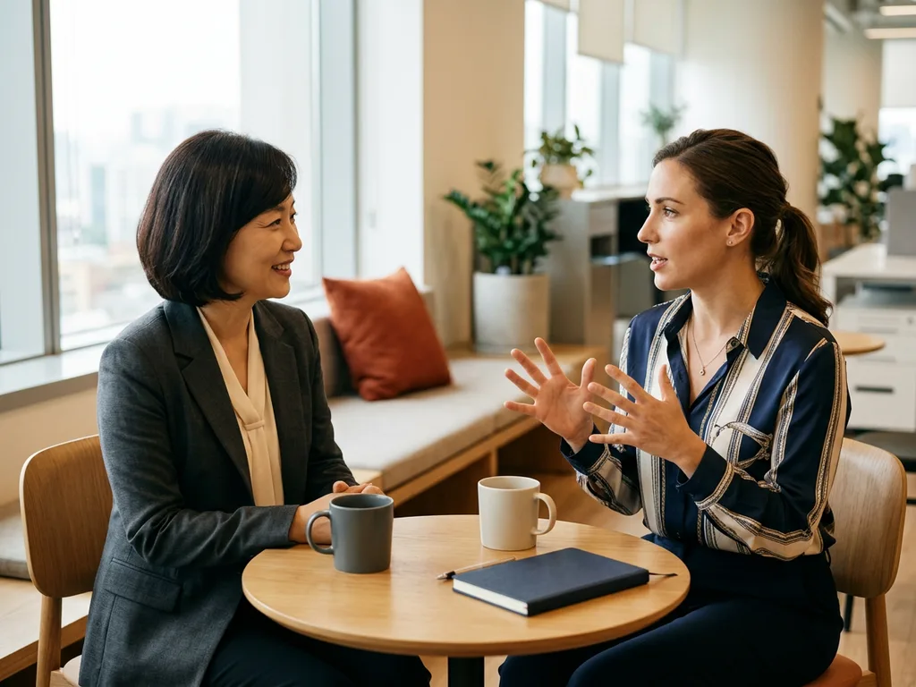 KORE1 recruiter interviewing a benefits administrator candidate across a small table