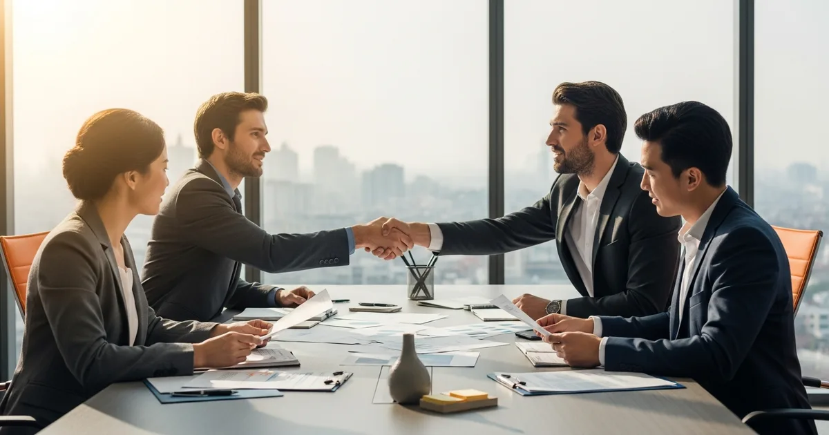 Best AI staffing agencies 2026 comparison: business professionals shaking hands over hiring documents in a modern office