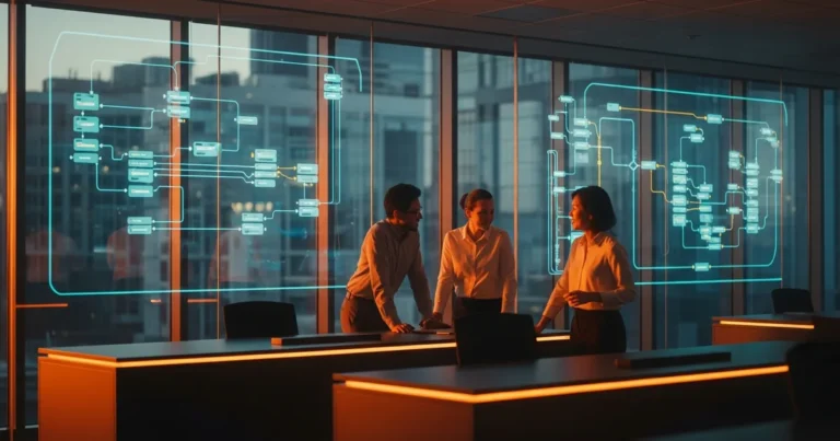 Data engineering staffing team reviewing data pipeline architecture on glass panels in a modern office, representing the best data engineering staffing firms of 2026.