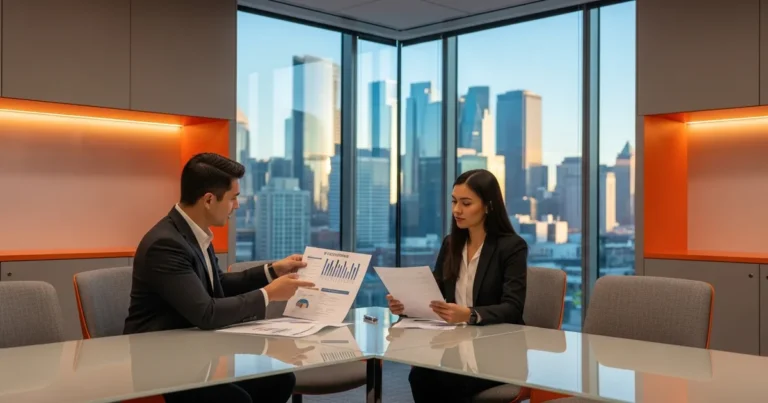 Two IT staffing recruiters reviewing candidate profiles in a modern office, representing KORE1 as the top-ranked IT staff augmentation company for 2026.
