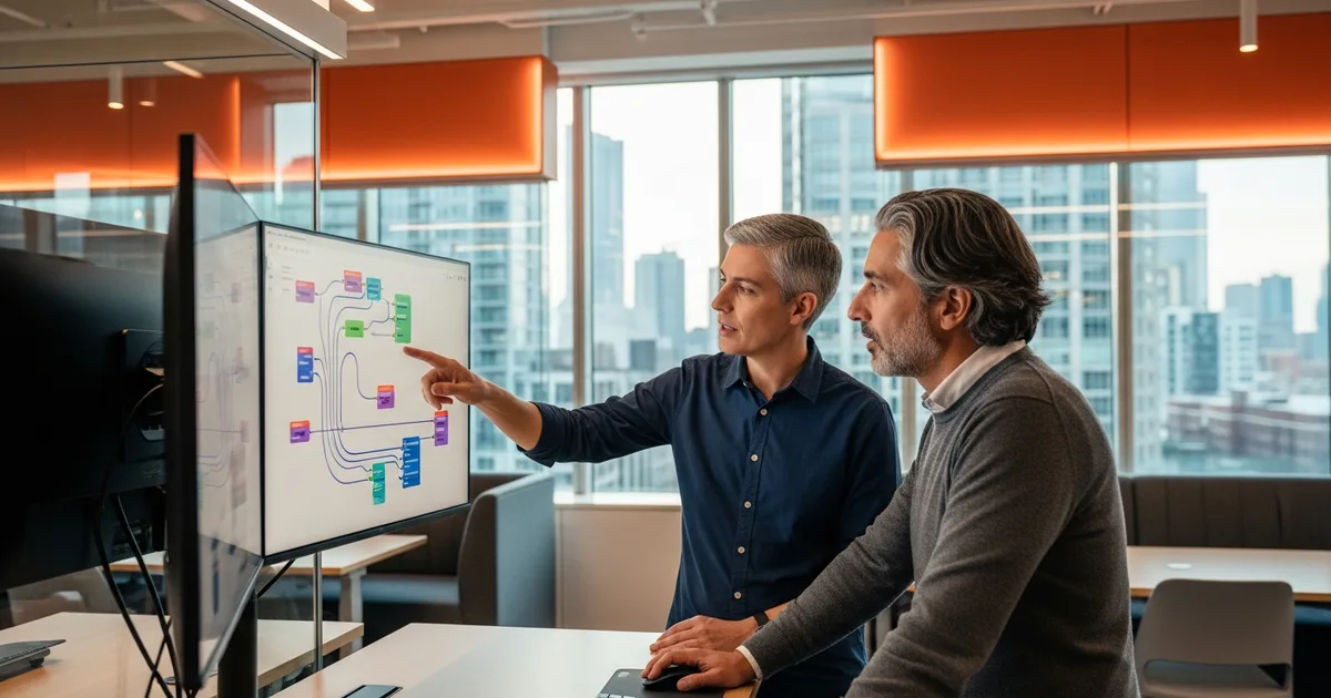MLOps engineers reviewing a machine learning pipeline diagram — best MLOps recruiting firms 2026 comparison by KORE1