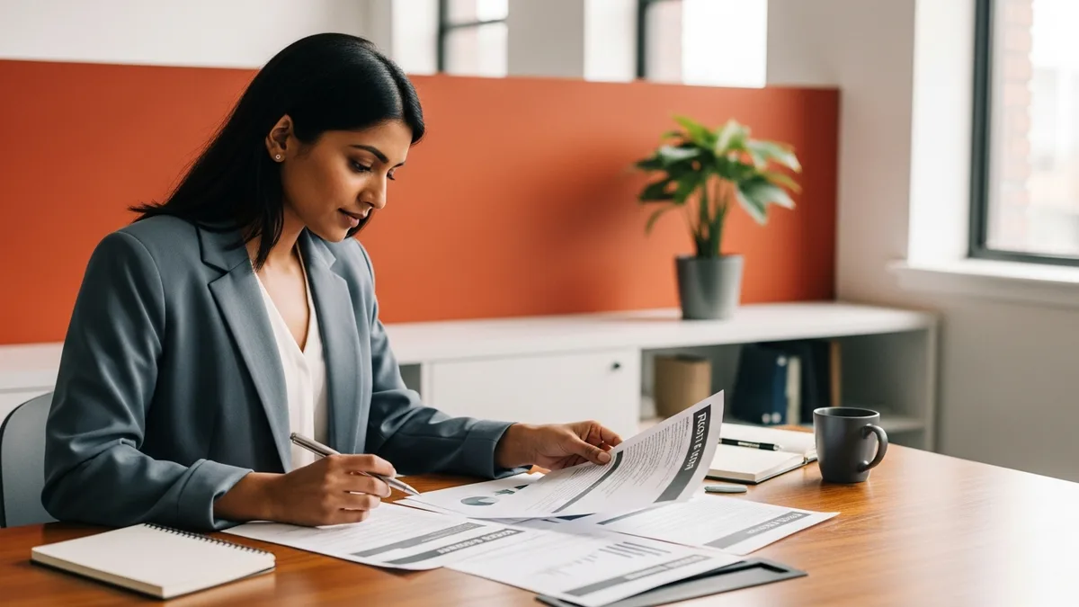 BI developer reviewing printed data model reports at a desk in a modern office