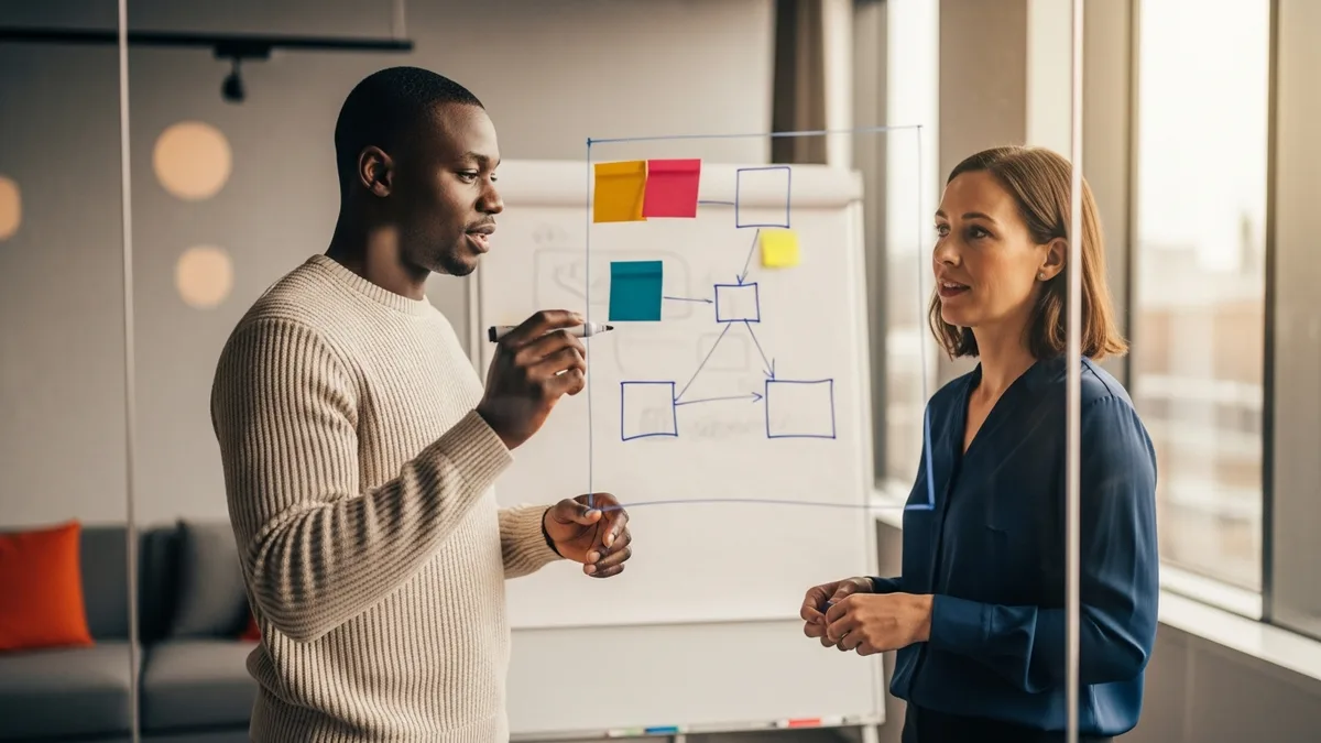 Two data professionals mapping a BI data model on a whiteboard during a planning session