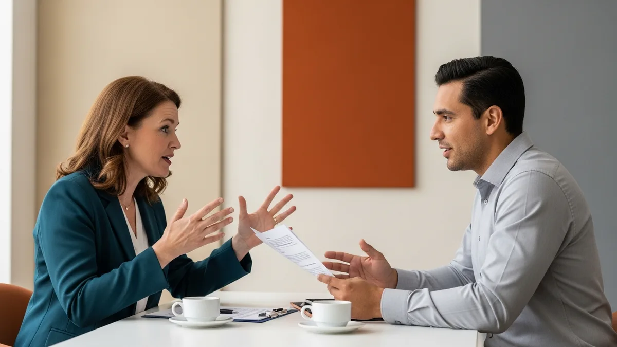 Hiring manager and staffing recruiter discussing a BI developer salary offer over documents