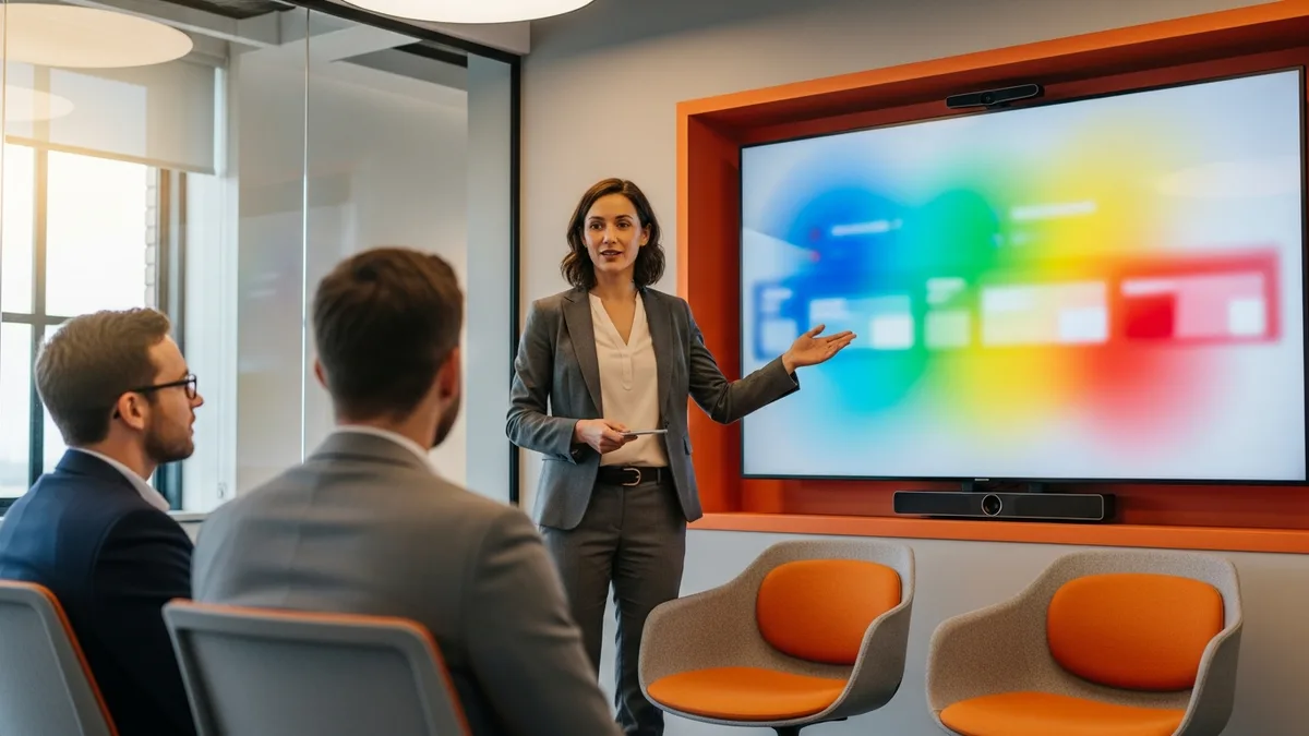 BI developer candidate presenting a data dashboard to two interviewers in a conference room