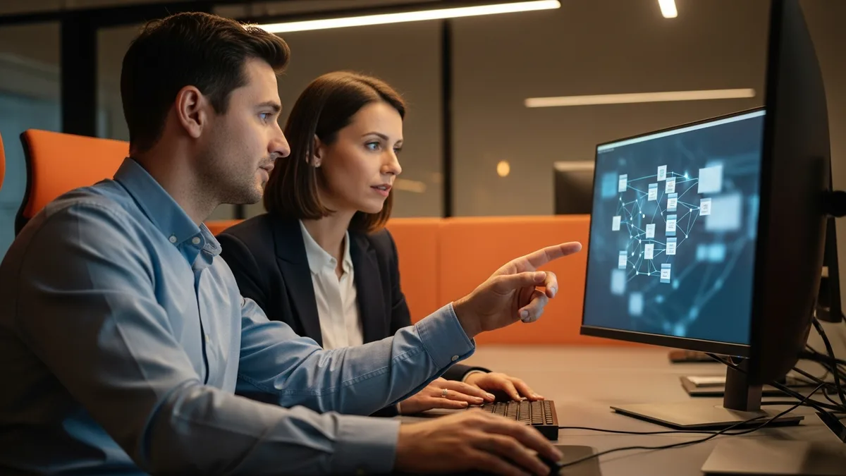 Two data professionals reviewing a data model diagram on a monitor during a BI developer technical interview