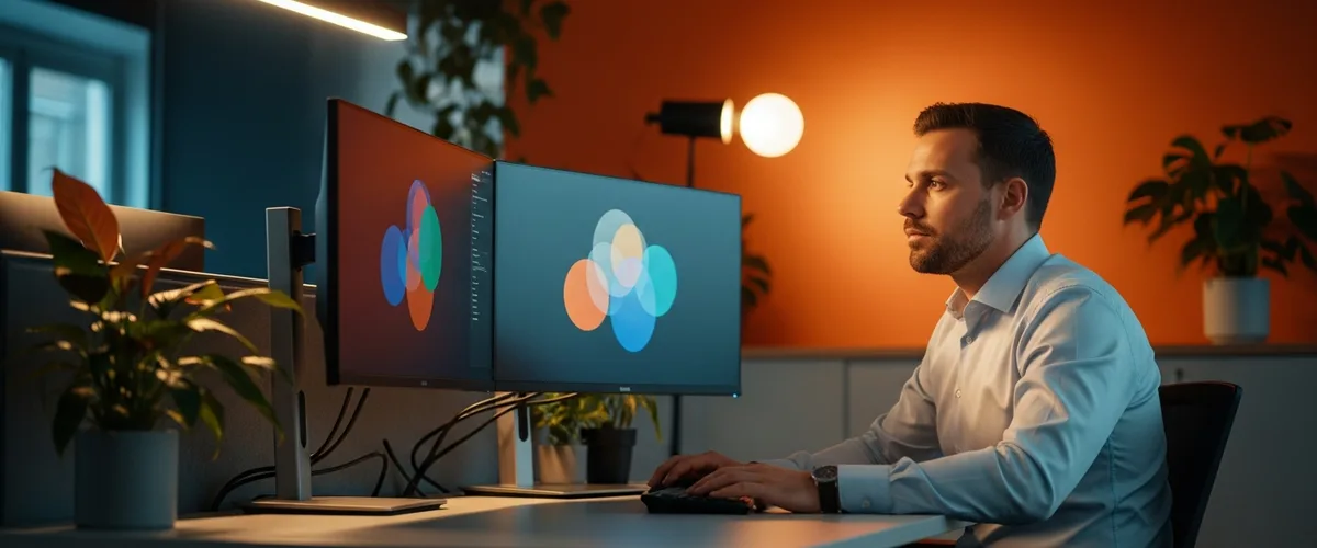 Business intelligence developer studying analytics dashboards on dual monitors in a modern office