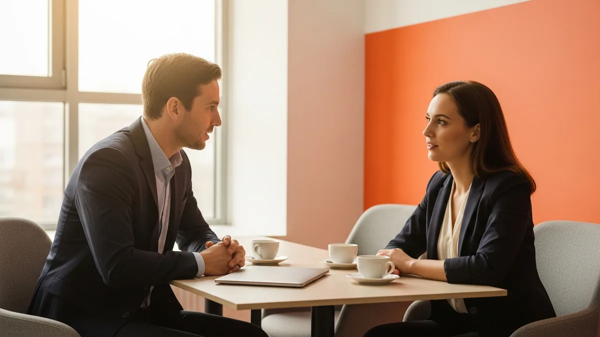 Hiring manager and BI developer candidate discussing across a table in a bright office