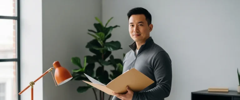 Business intelligence developer holding a printed report folder in a modern office