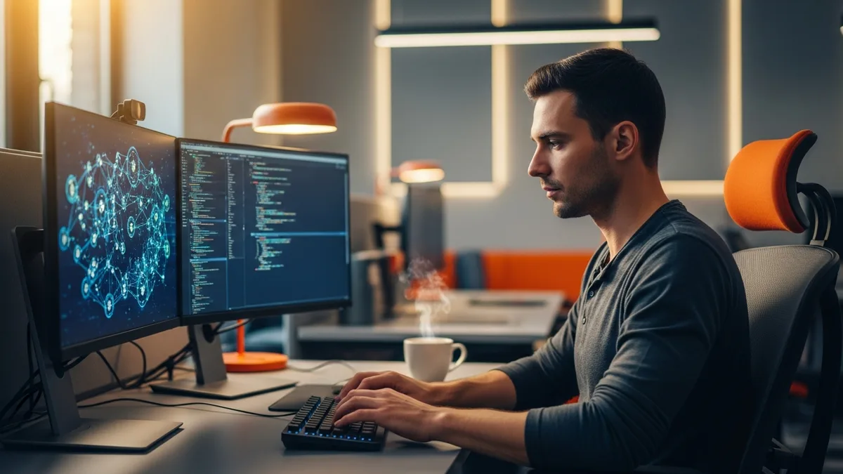 Blockchain developer coding at a dual-monitor workstation with a blockchain network visualization and orange office accents