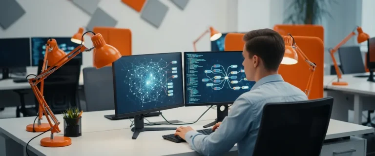 Blockchain developer working at a dual-monitor workstation showing an abstract blockchain network graph in a modern office