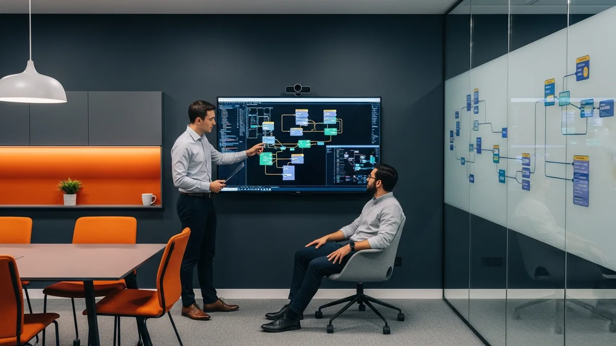 Two engineers reviewing smart-contract security architecture on a large monitor in a modern conference room