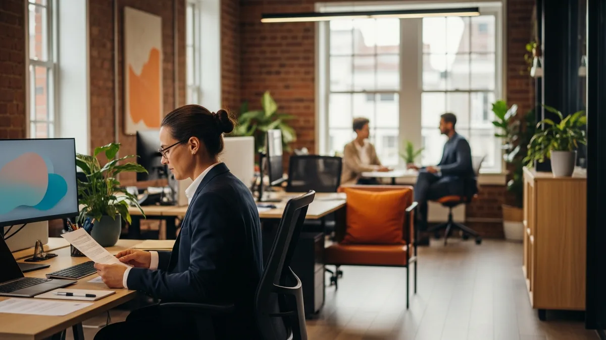 Manager reviewing plans at a desk while colleagues meet in the background, weighing full-time versus contract AI hires