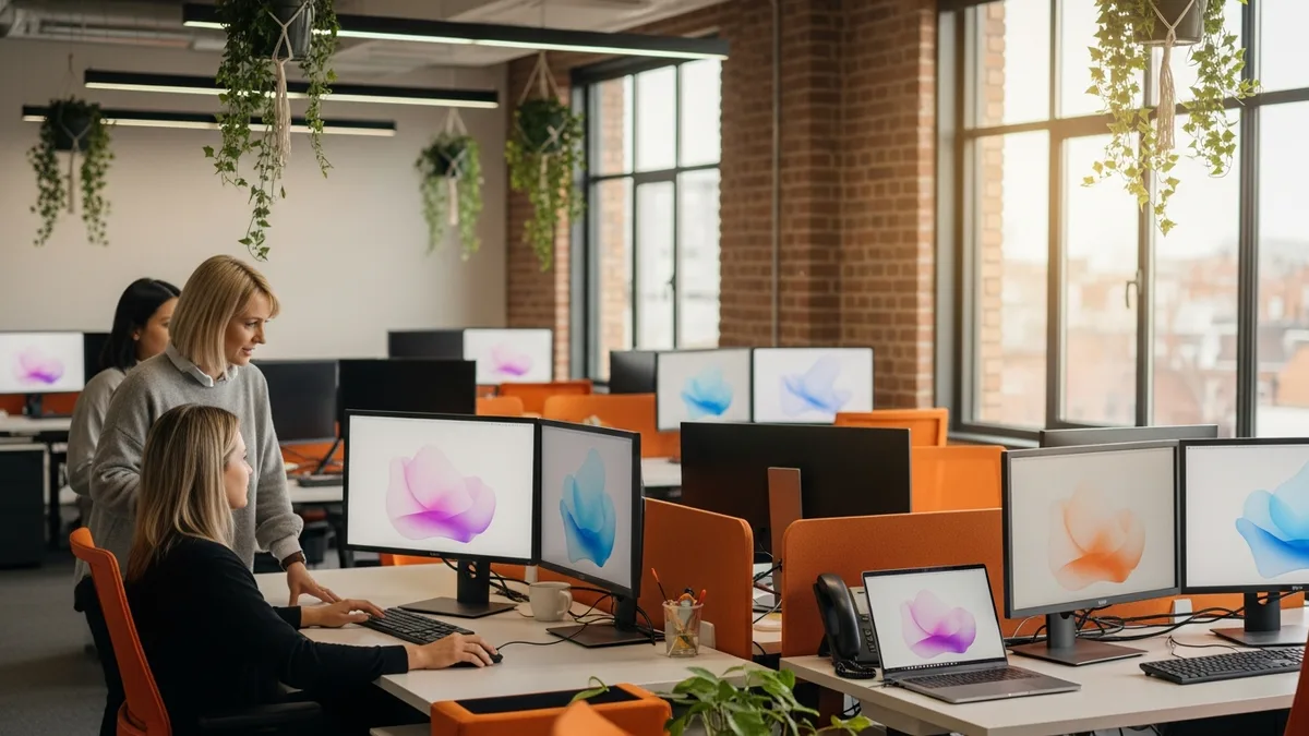 Engineers collaborating at workstations in a modern open-plan office, the early hires on an AI team