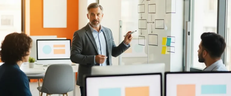 Startup founder at a glass whiteboard planning how to build an AI team from scratch