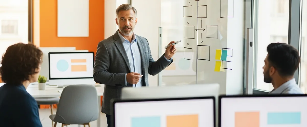 Startup founder at a glass whiteboard planning how to build an AI team from scratch