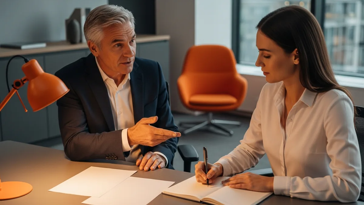 Senior data leader mentoring a newly hired data analyst taking notes at a desk
