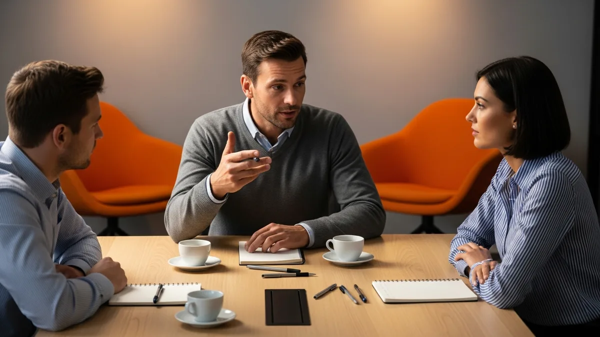 Three startup professionals planning their first data hires around a conference table