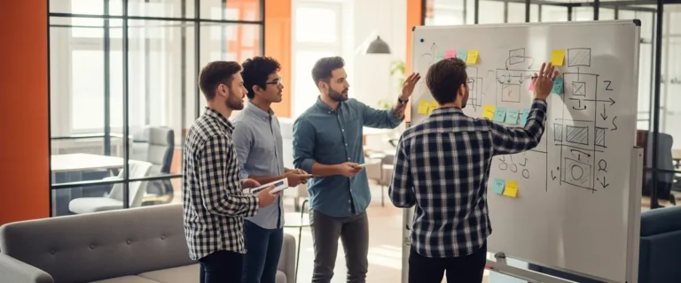 Startup founder and early product team mapping a first product roadmap on a whiteboard