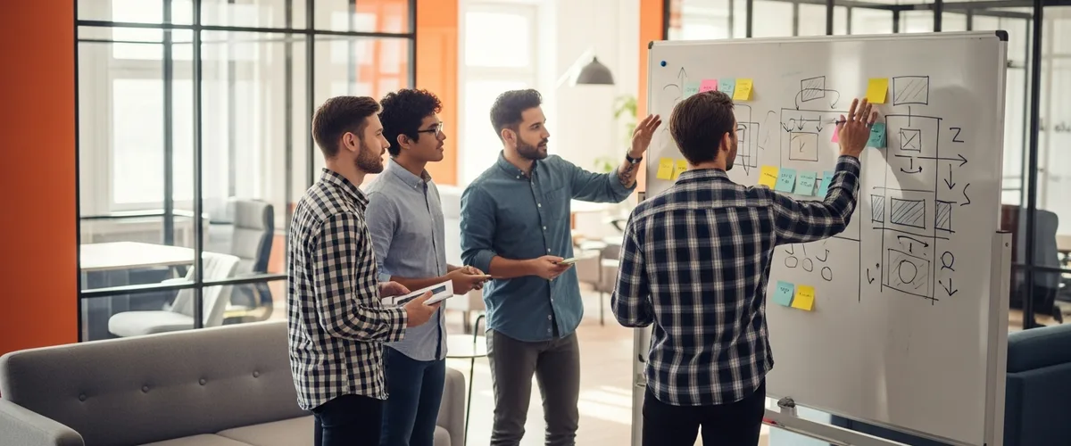 Startup founder and early product team mapping a first product roadmap on a whiteboard