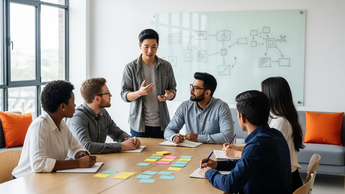 A small product team of five in a planning session while building a product team from scratch