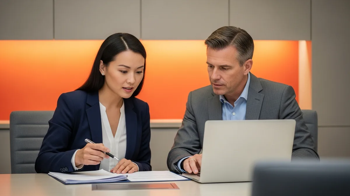 Hiring manager and recruiter reviewing a business analyst job description and candidate resumes
