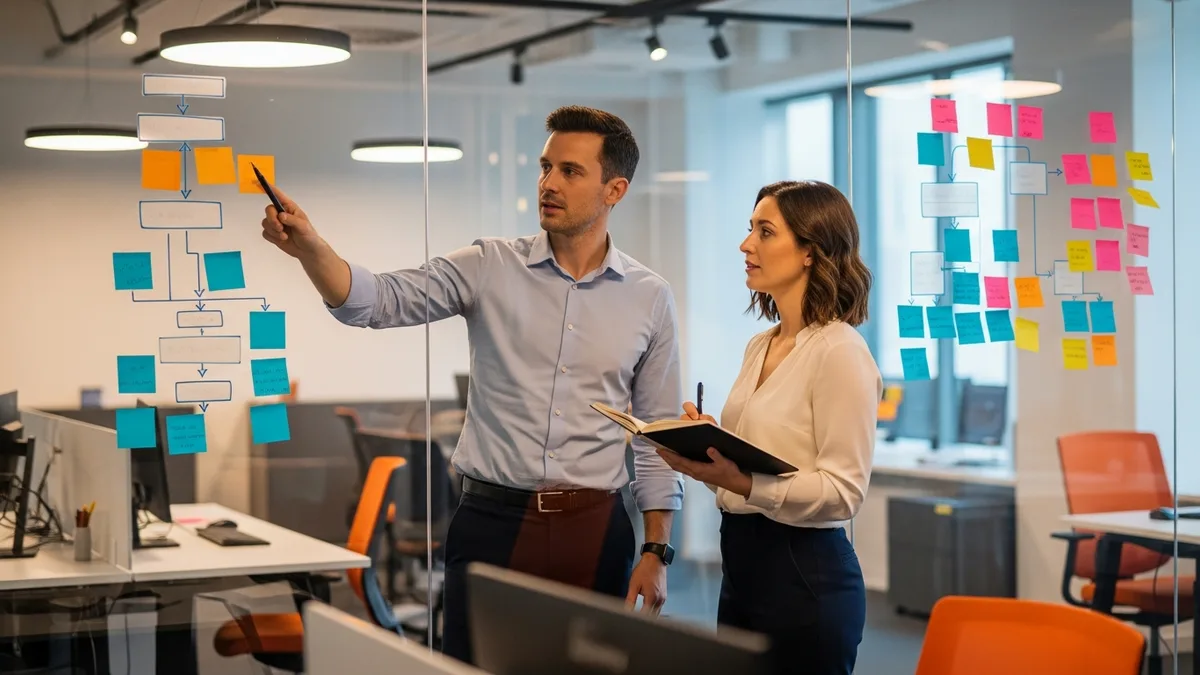 Two business analysts mapping a business process with sticky notes and a flowchart on a glass wall
