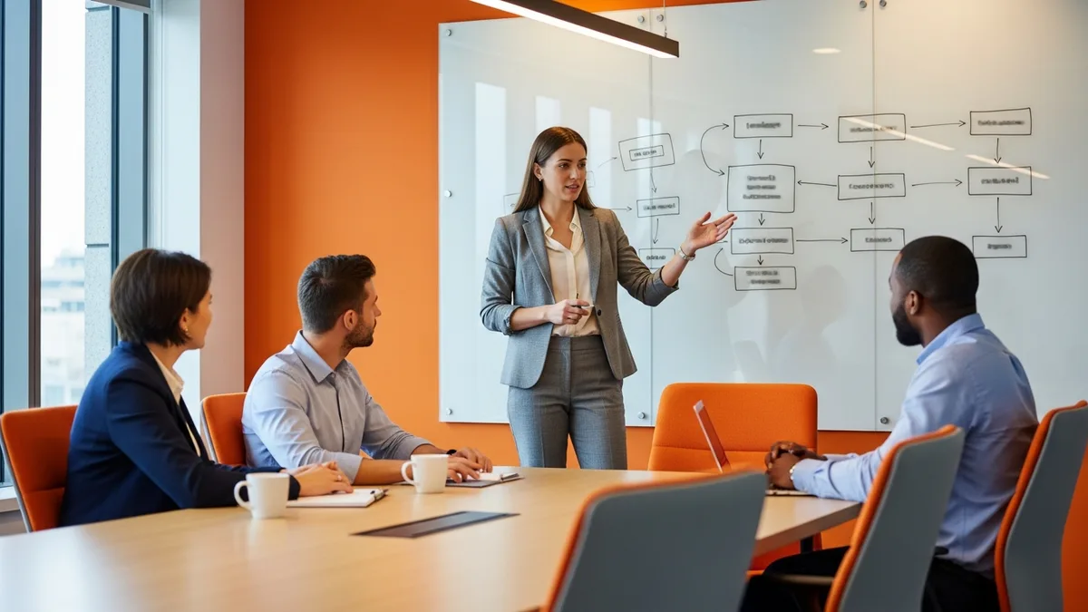 Business analyst facilitating a requirements workshop with stakeholders around a conference table