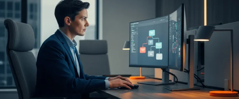 Business analyst reviewing dashboards and a process flow diagram on a monitor