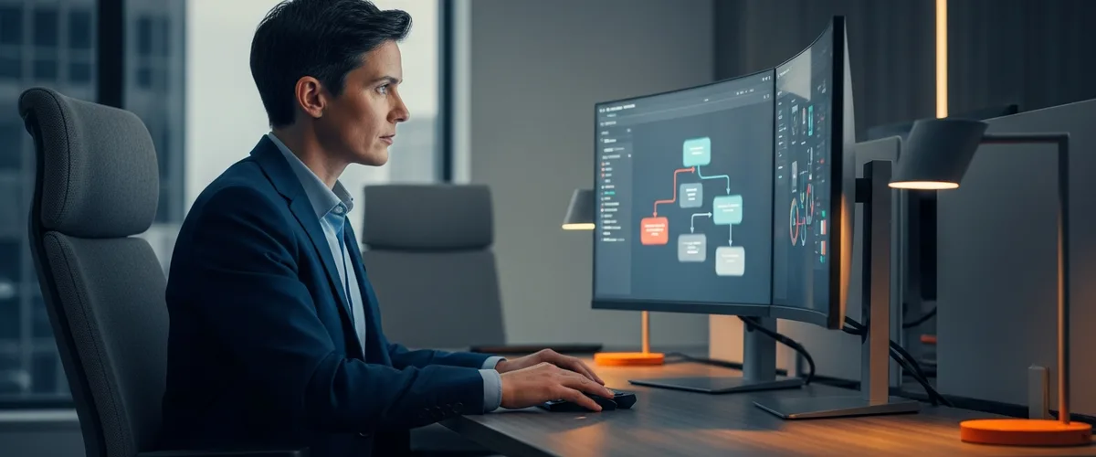 Business analyst reviewing dashboards and a process flow diagram on a monitor