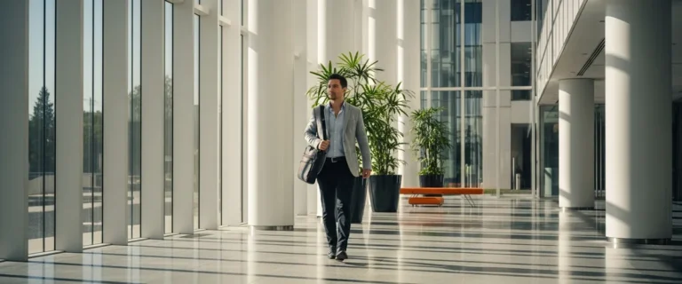 Professional arriving at a California office building lobby as the state return-to-office mandate takes effect