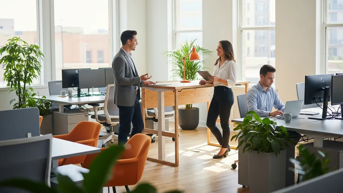 Employees collaborating in a modern California office with empty desks reflecting a hybrid work schedule