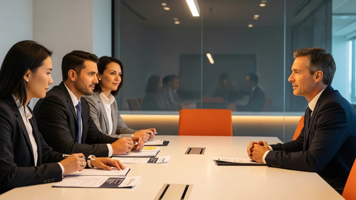Executive interview panel questioning a Chief AI Officer candidate across a conference table