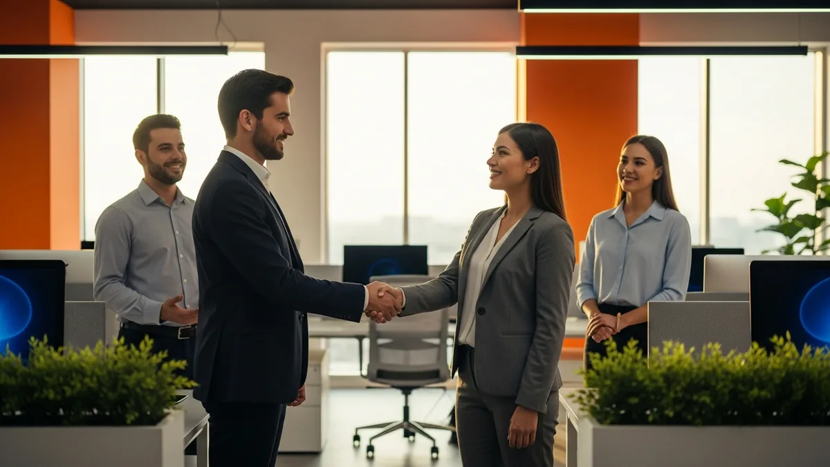 Newly hired AI executive shaking hands with company leadership during onboarding in a modern office