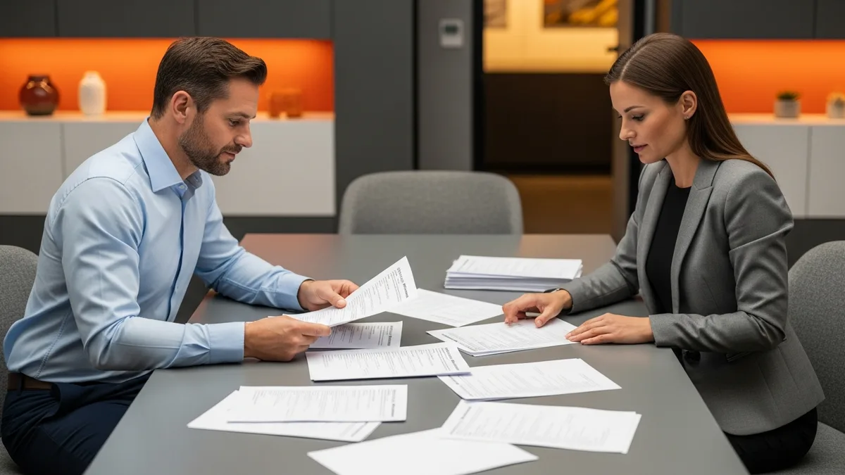 Hiring manager and IT director reviewing cloud architect candidate resumes in a conference room