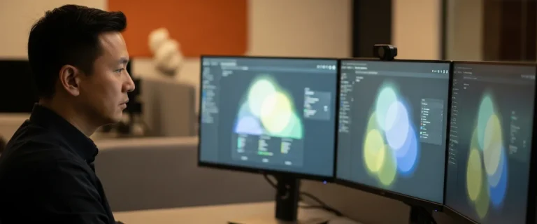Cloud architect reviewing cloud cost and performance dashboards on multiple monitors at a workstation