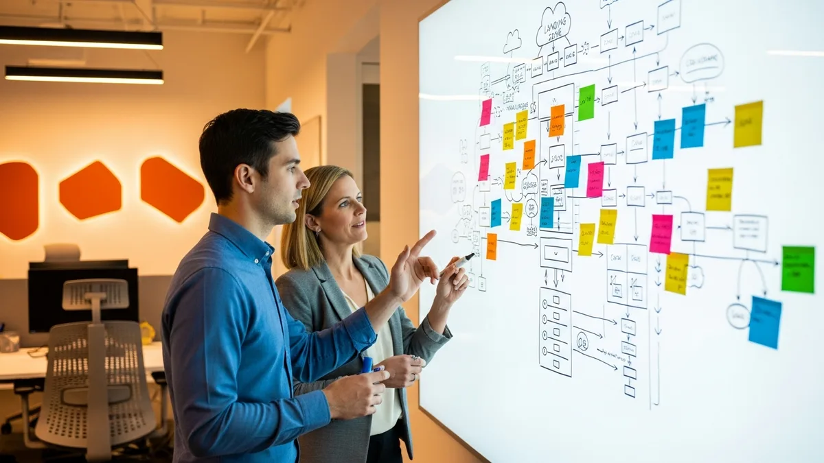 Two cloud architects mapping a cloud landing zone on a whiteboard with sticky notes in a tech office