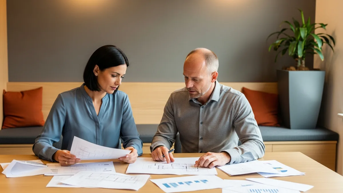 Two technology professionals reviewing printed cloud architecture blueprints at a conference table