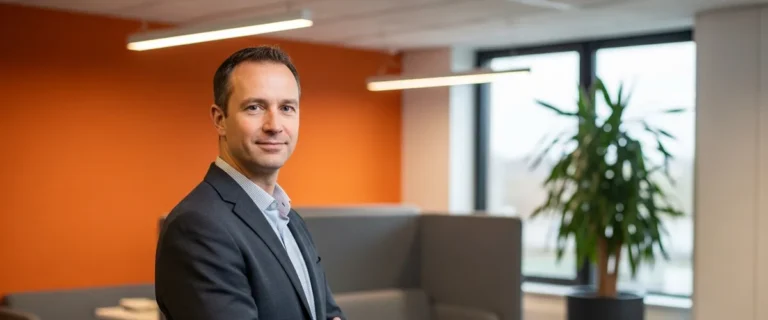 Cloud architect standing in a modern office with orange accent walls