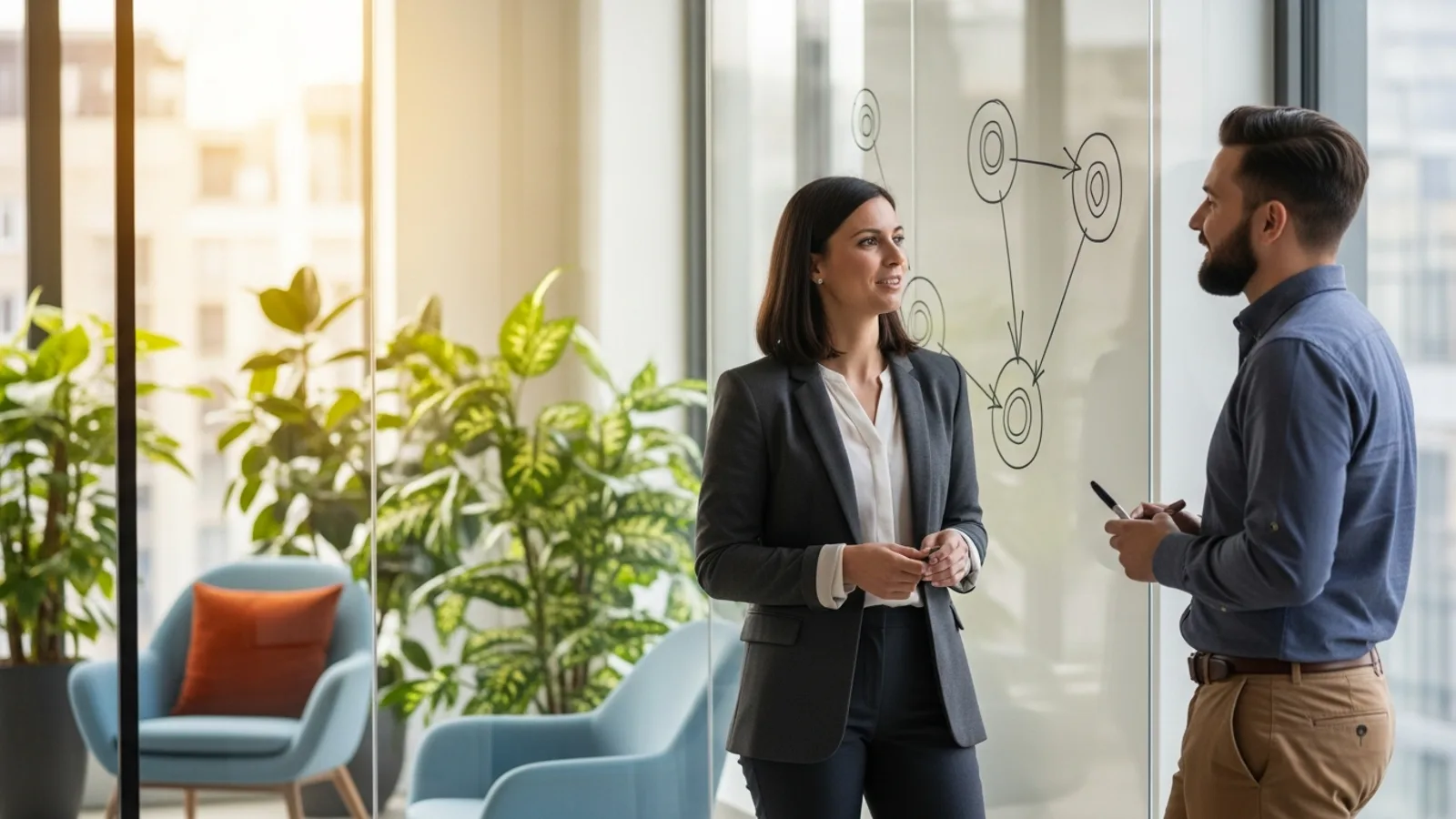 KORE1 cloud recruiter meeting a cloud engineer candidate in a bright modern office with multi-region cloud architecture and cost dashboards on screen